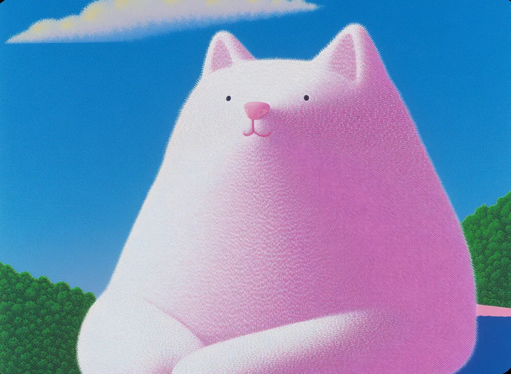 A painting of a cat sitting on a rock.