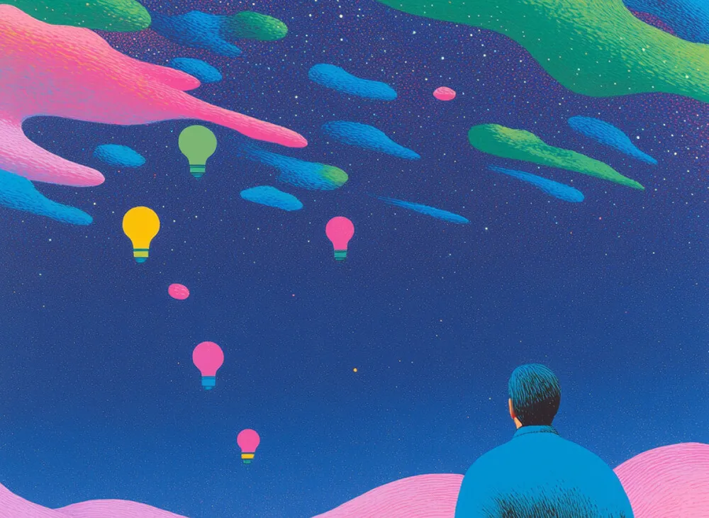 A painting of a man looking up at the sky.