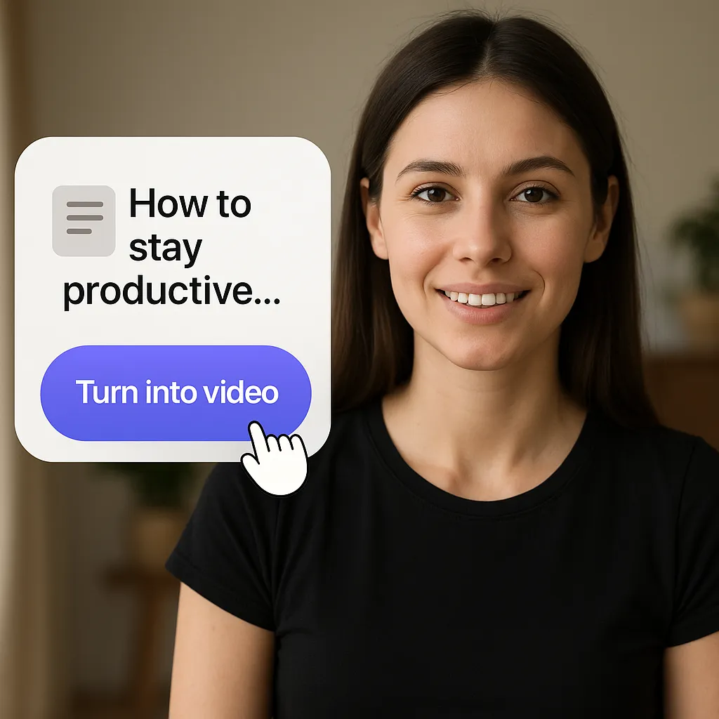 A woman holding up a speech bubble with the words how to stay produtive.