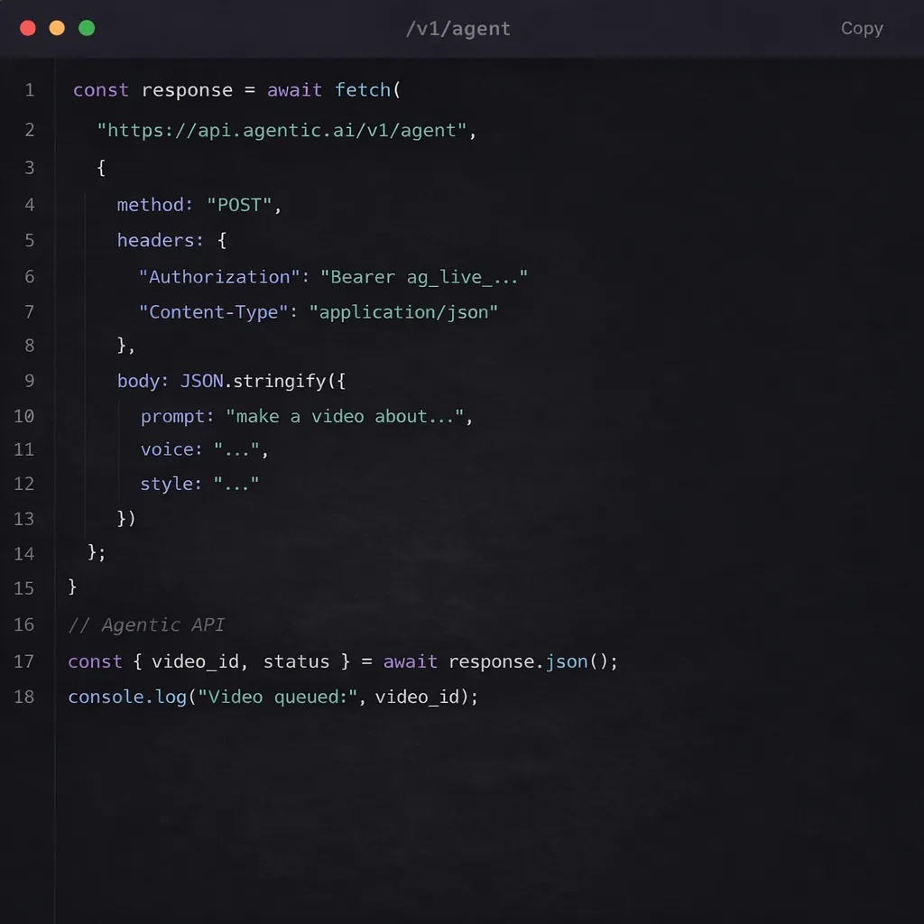 Zebracat AI video generation API code example showing a POST request to generate a video