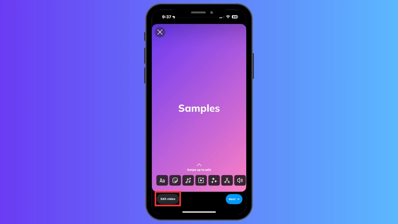 Close-up of a phone highlighting the Instagram edit video icon in the corner.
