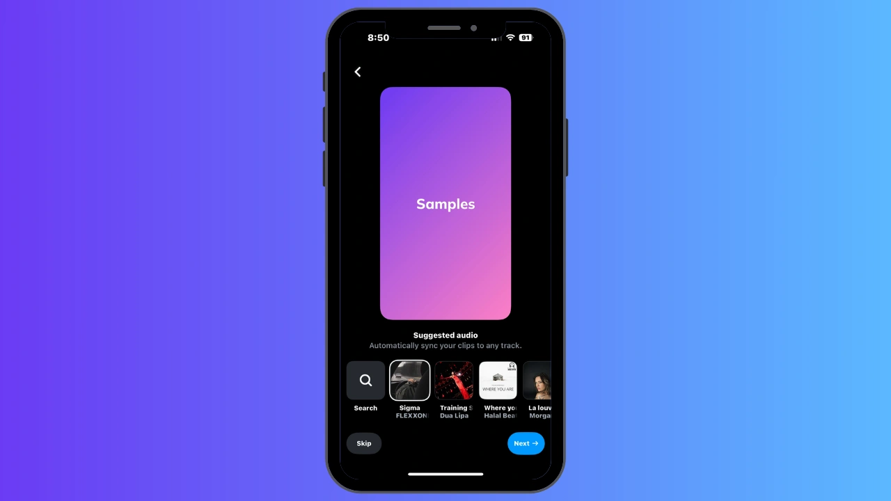 Close-up of a mobile phone with featuring Instagram reel tab, showing options to select audio for a video Reel after clip selection