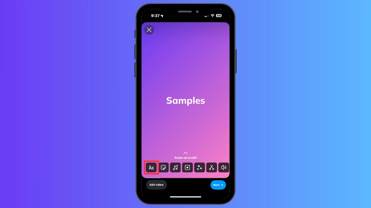 Close-up of a phone highlighting the Instagram Text symbol icon in the corner.