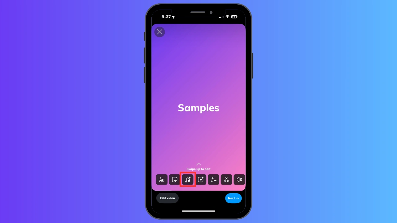 Close-up of a phone highlighting the Instagram Music symbol at the bottom of the screen.