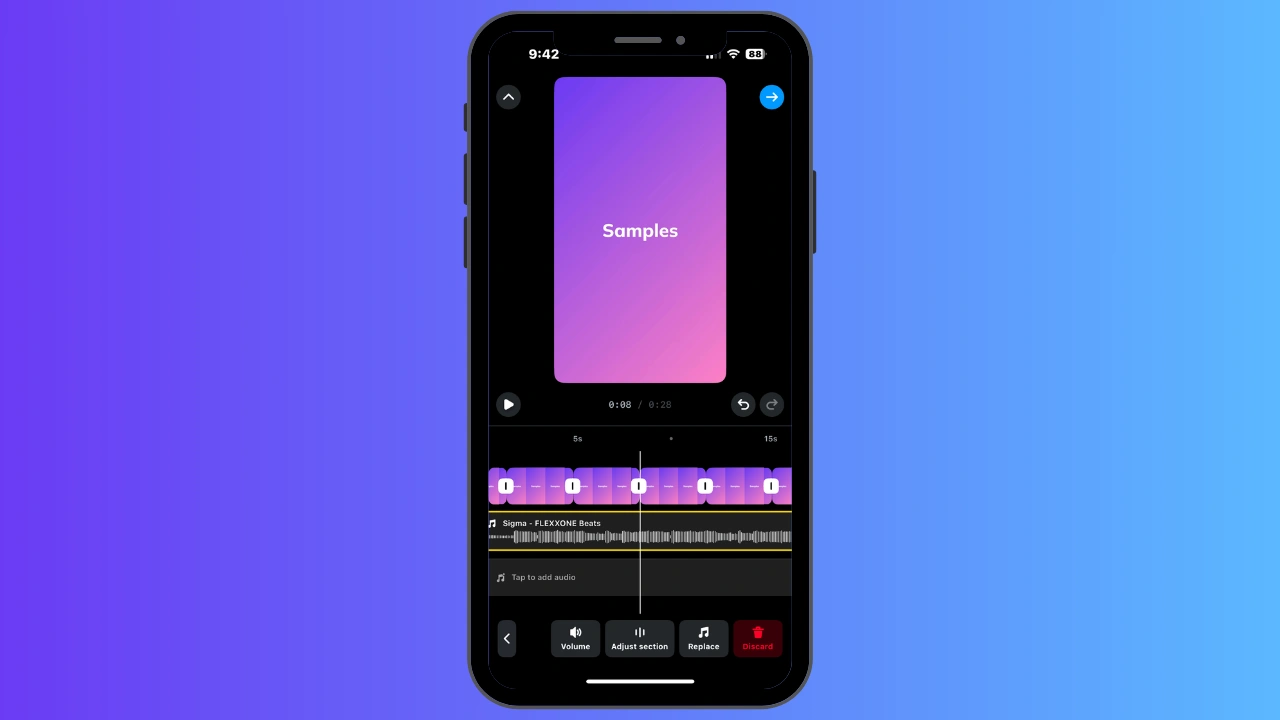 Close-up of a phone highlighting the Instagram Music editing interface at the bottom of the screen.