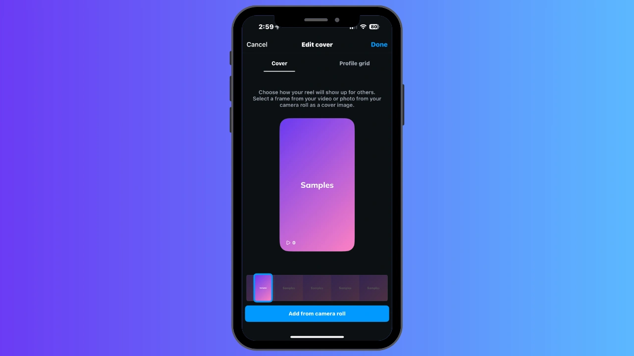 Close-up of a phone highlighting the Instagram edit cover interface showing how to select cover photo for Instagram reels.
