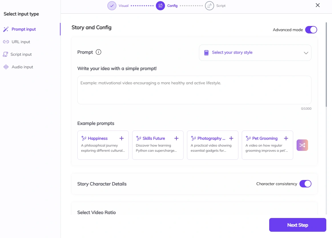 Interface of Zebracat story creation tool with example prompts and configuration options.