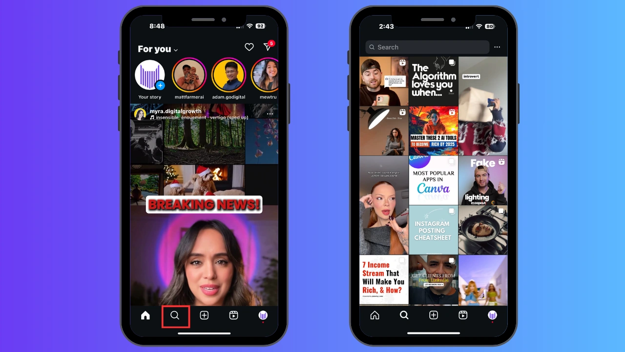 Two smartphones displaying Instagram social media feeds with various content and stories.