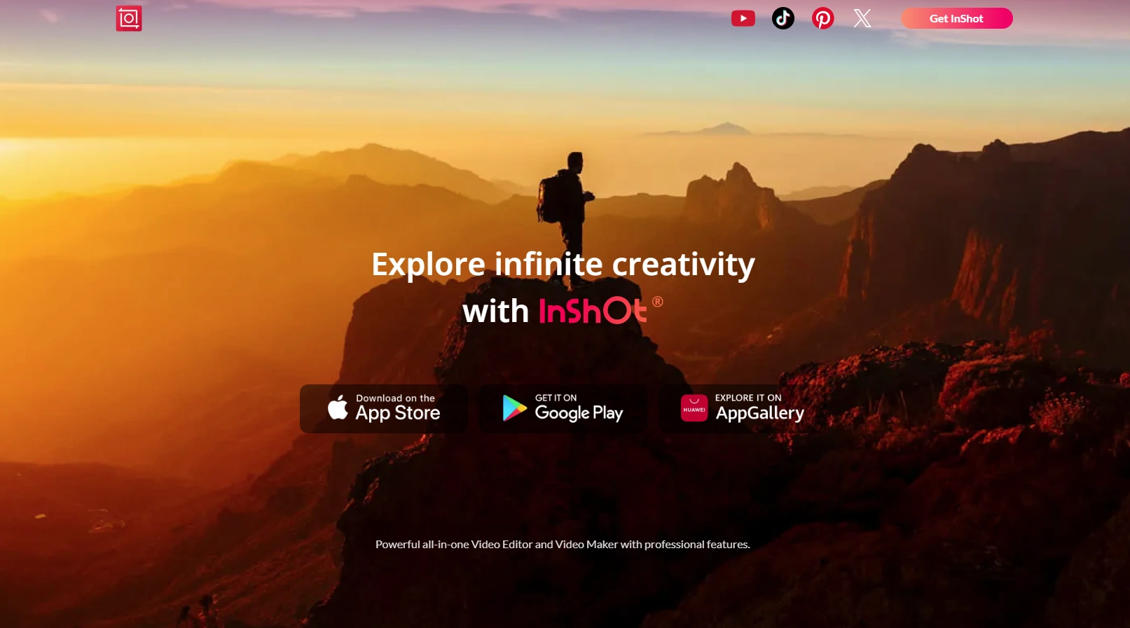 Person standing on a cliff during sunset with text "Explore infinite creativity with InShot" and app download buttons.