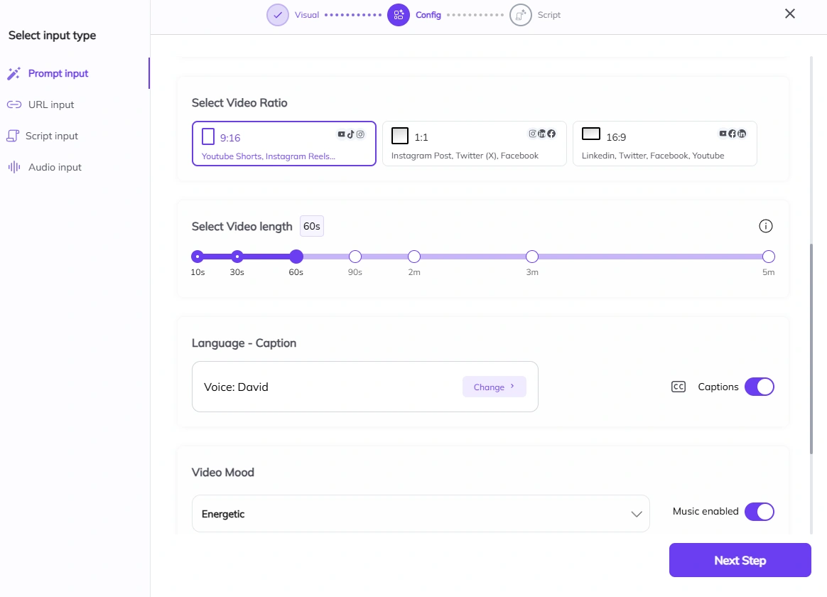 Screenshot of a video configuration interface with options for input type, video ratio, length, language, and mood.