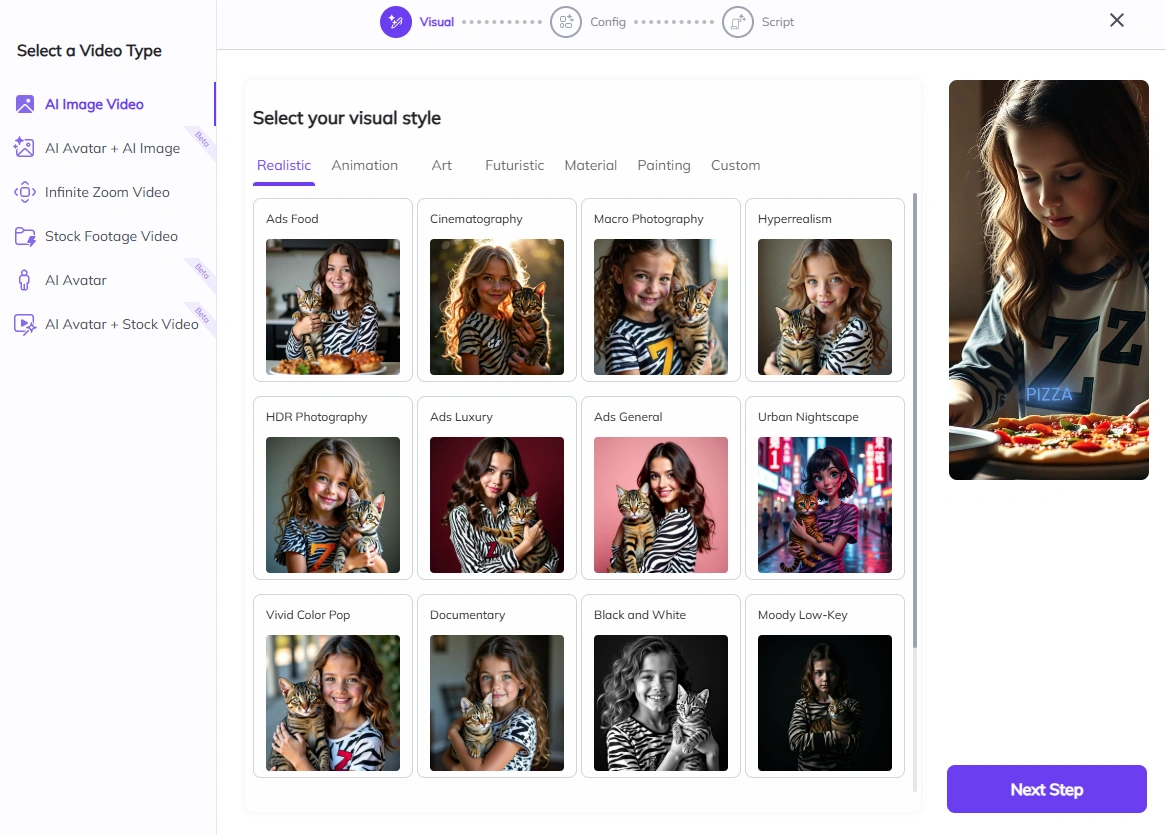 Zebracat interface showing various photo styles with a person holding a cat, styles categorized like "Realistic," "HDR," etc.
