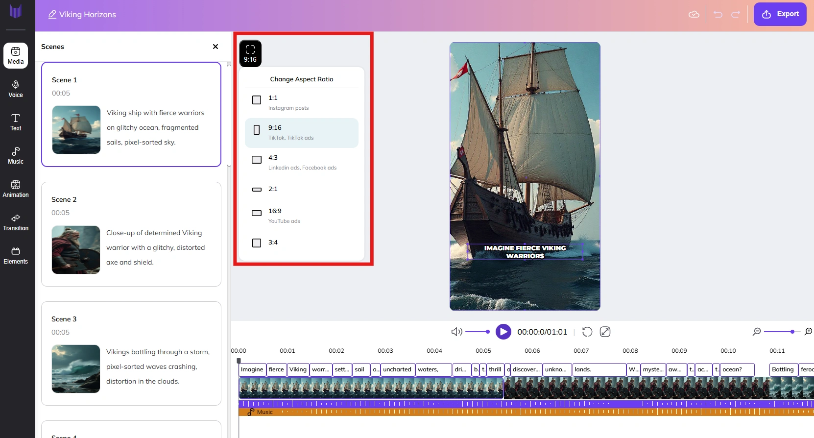 Screenshot of a video editing software interface with a tall ship and text overlay "IMAGINE FIERCE VIKING WARRIORS".