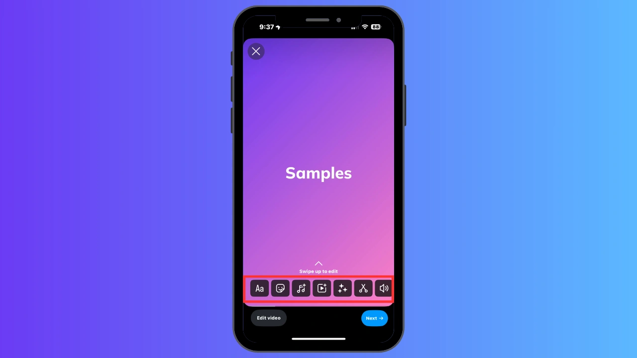 Close-up image of a phone that shows the word "sample" in the center, featuring Instagram reel editing tools at the bottom.