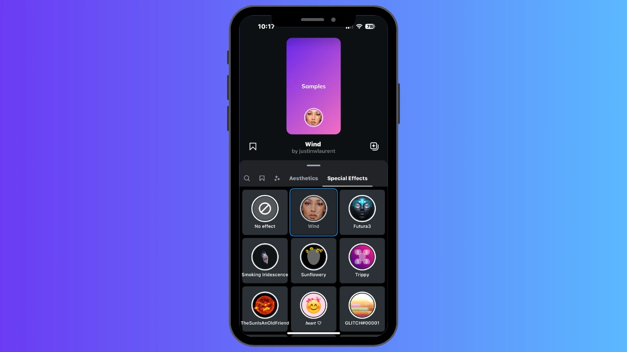 Close-up of a phone highlighting the Instagram filters and visual effects interface on the screen.