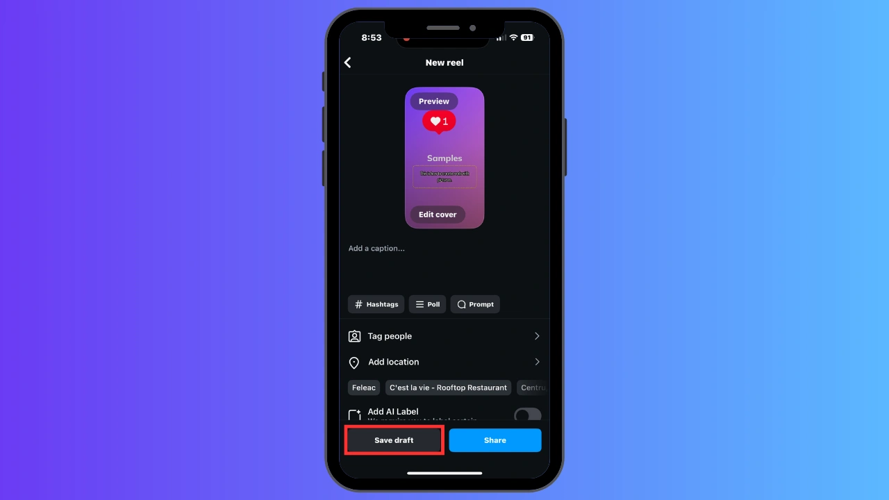 A smartphone displaying a 'New reel' creation screen with preview and editing options.