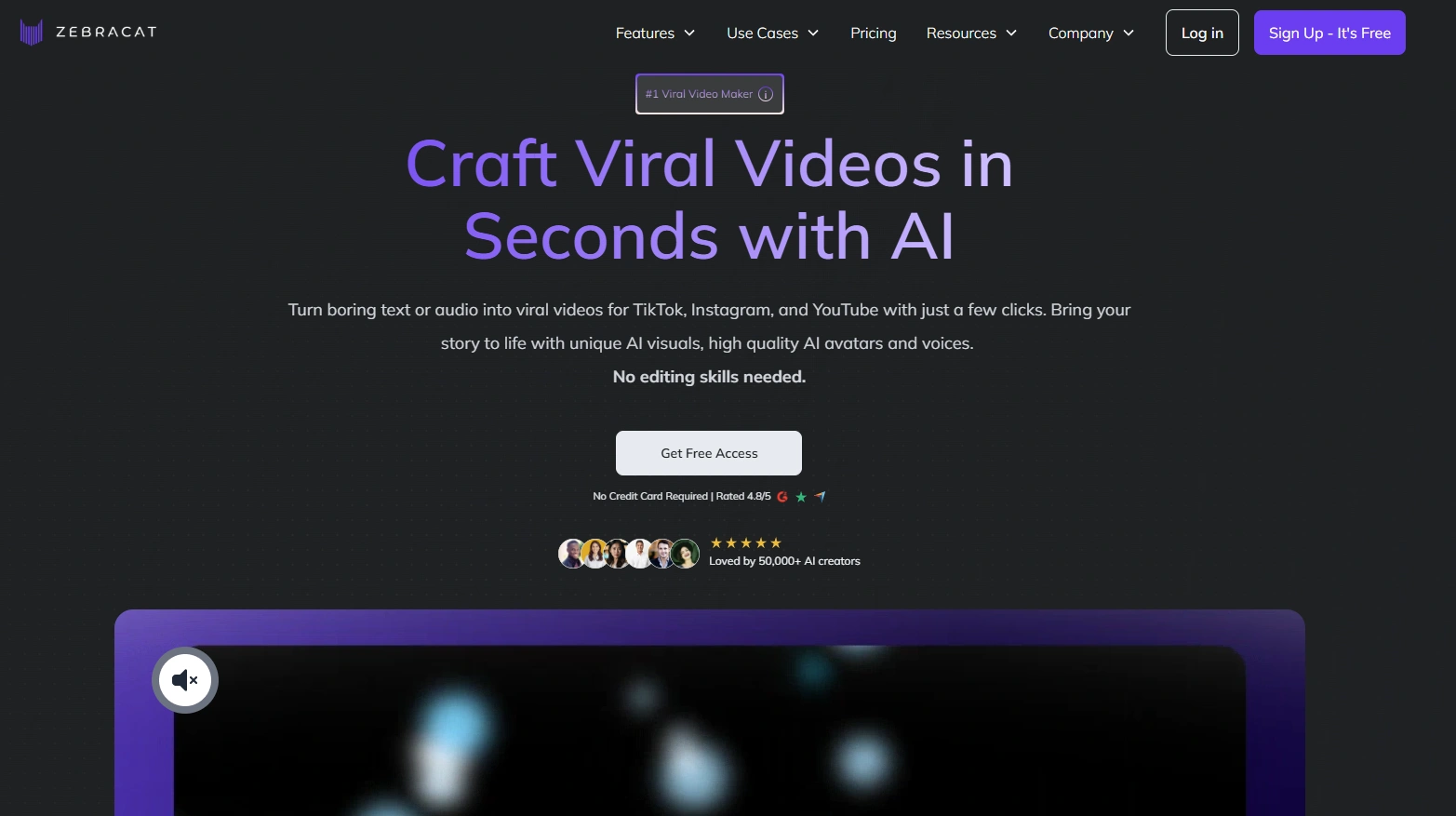 A screenshot of Zebracat website promoting AI-generated viral videos, with a call to action for free access.