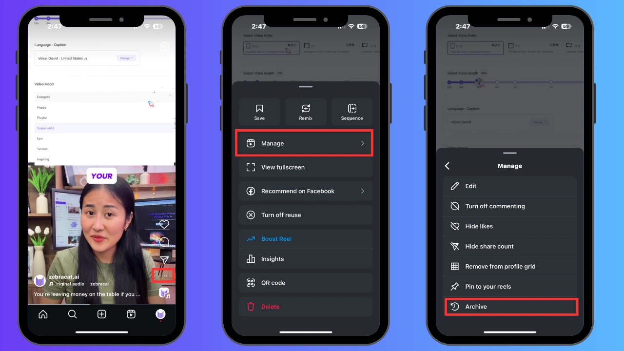 Three smartphones displaying different steps for managing video content in an app.