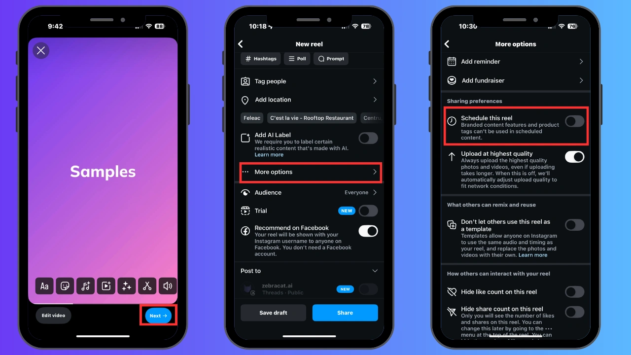 Three smartphones displaying various settings screens for a social media app.