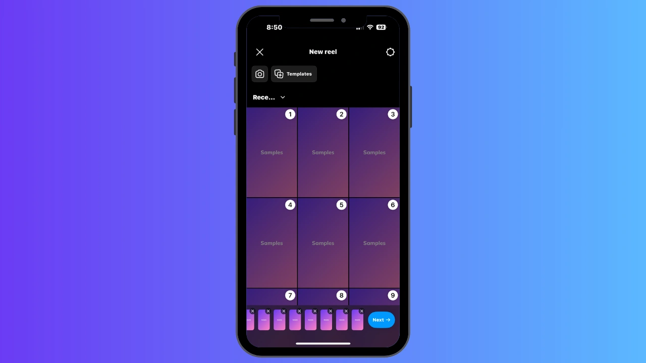 Smartphone displaying a 'New reel' creation screen with template options on a purple interface.