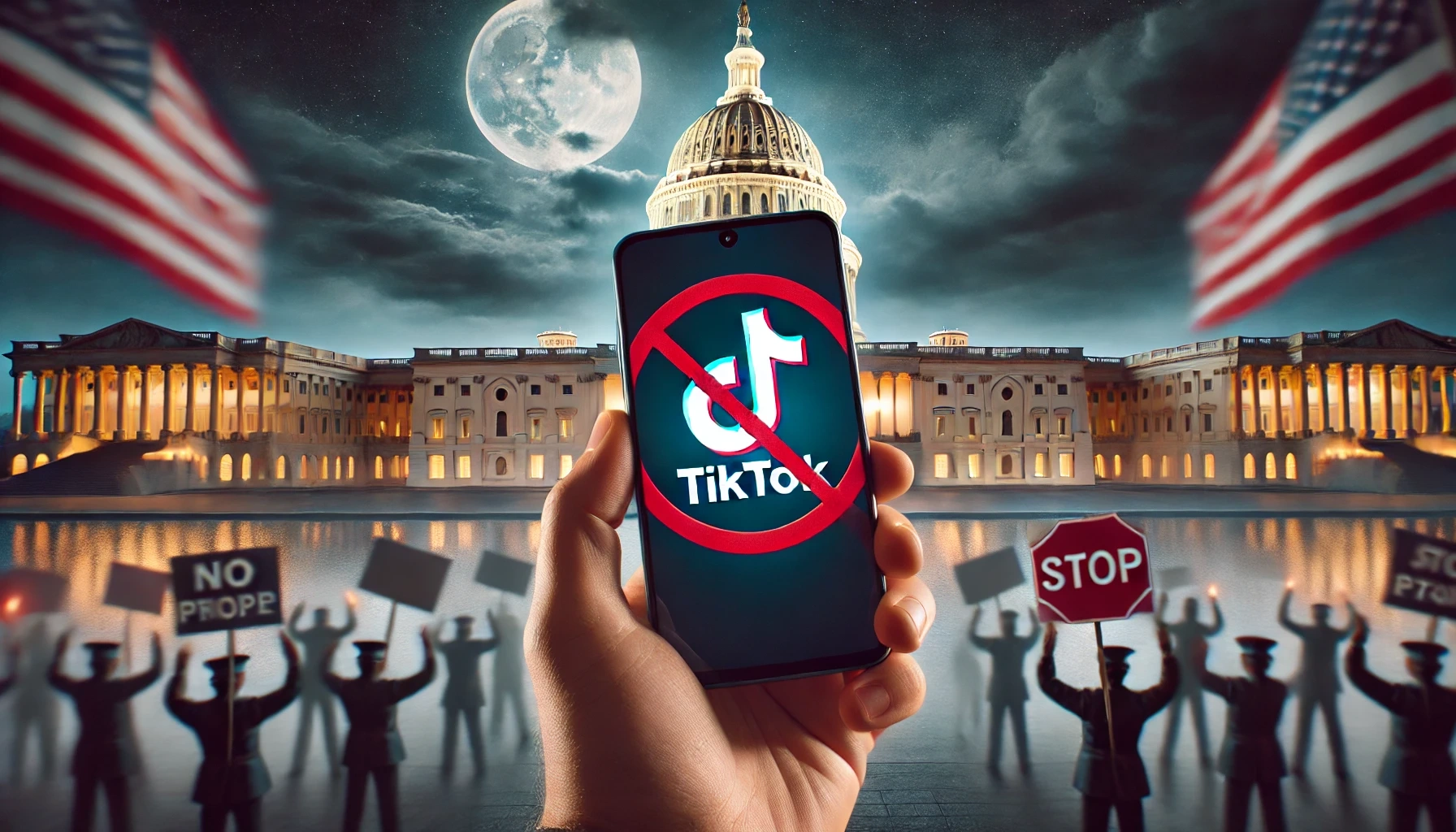 Hand holding a phone with a crossed-out TikTok logo.