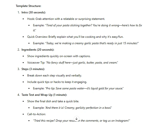 A cooking video template structure.