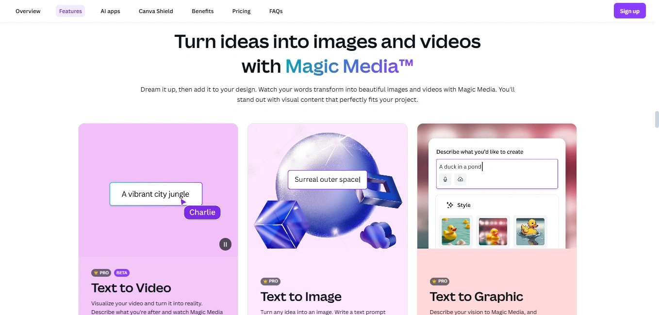 Canva AI's feature interface.
