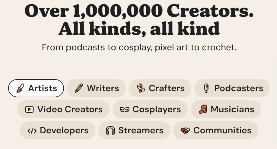 Ko-fi's graphic celebrating over 1 million creators like artists.