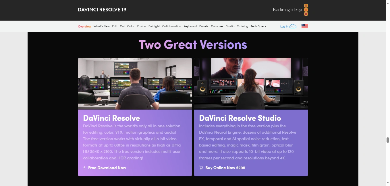 DaVinci Resolve software webpage.