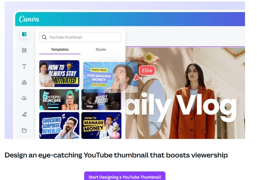 Canva interface showing thumbnail templates.