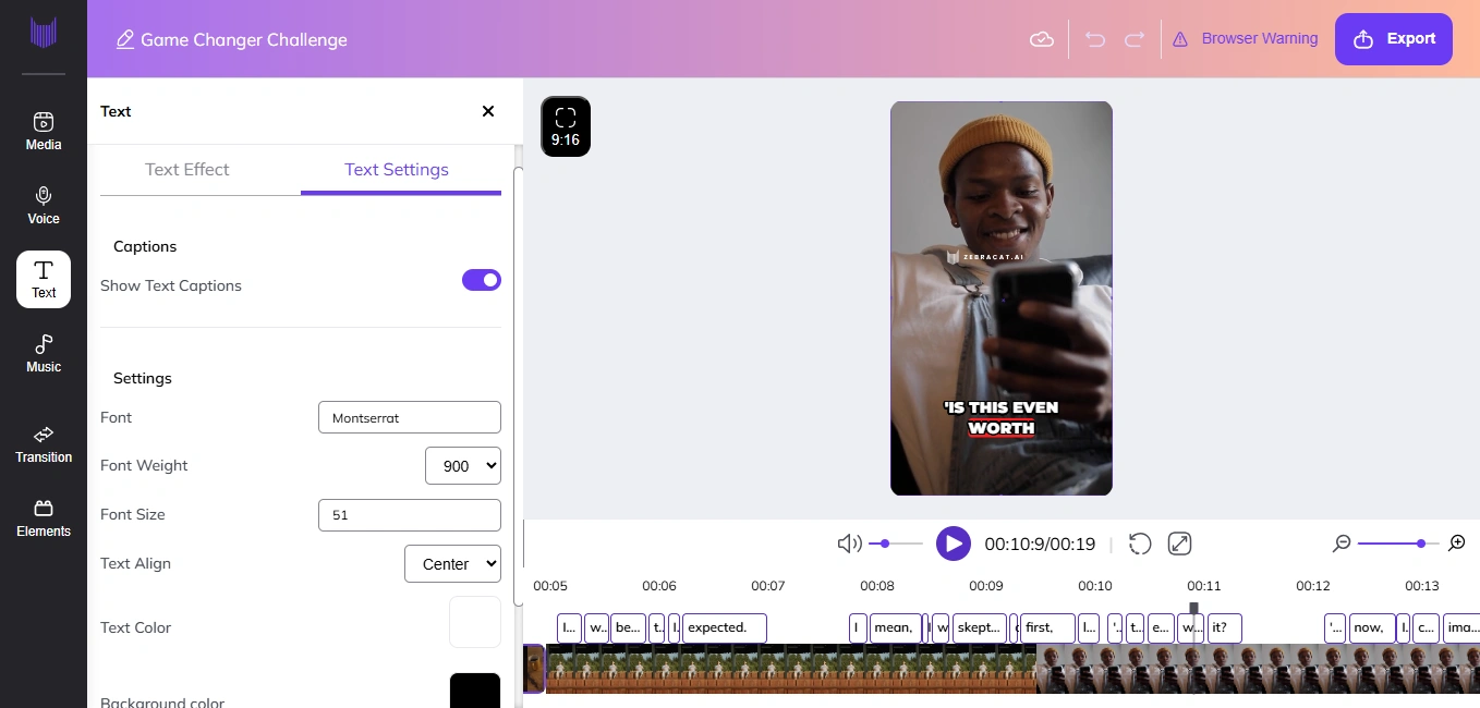 Zebracat's video editing interface.