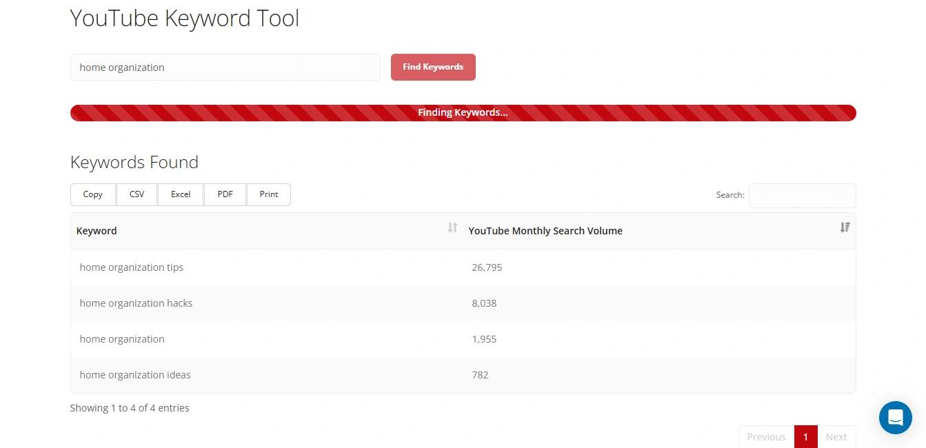 YouTube Keyword Tool's keyword search interface.