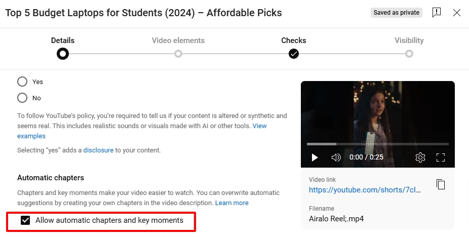 YouTube Studio's details interface.