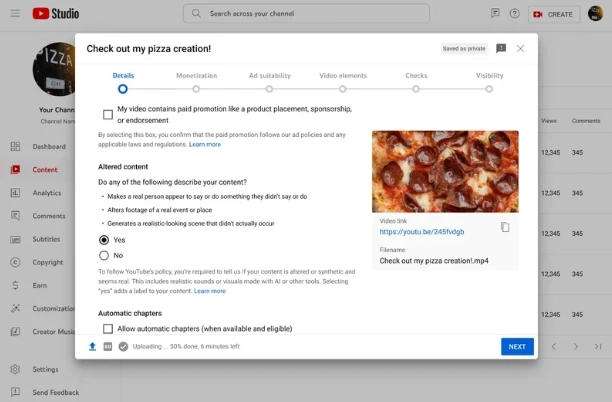YouTube Studio's video creation details interface.