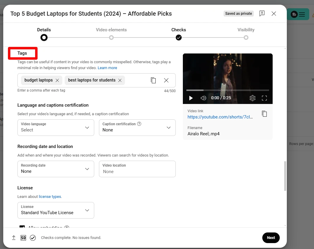 YouTube Studio's details interface featuring tags.