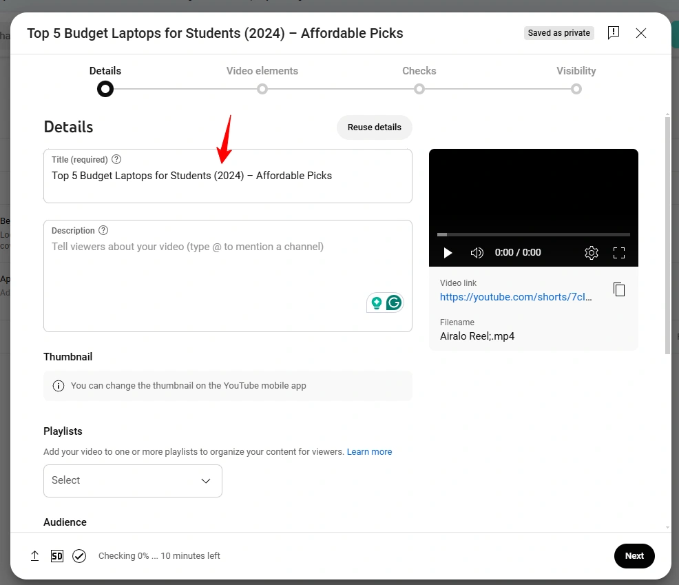 YouTube Studio's details interface featuring title.