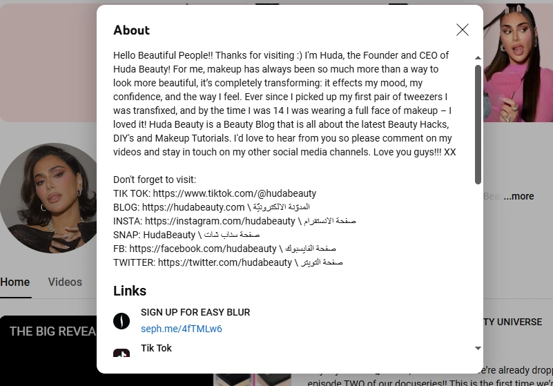 Huda Beauty's about section on YouTube.