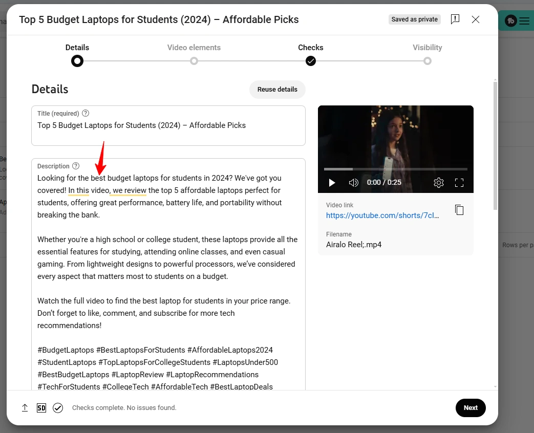 YouTube Studio's details interface featuring description.