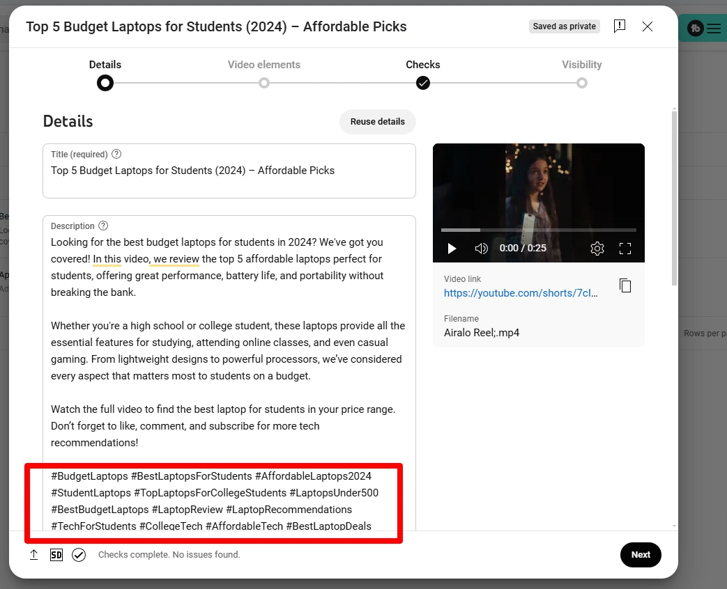YouTube Studio's details interface.