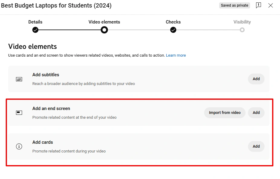 YouTube Studio's video elements interface.