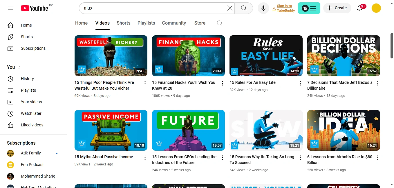 YouTube search result showing Alux's videos.
