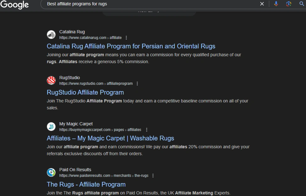 Google's search results for "Best affiliate programs for rugs".