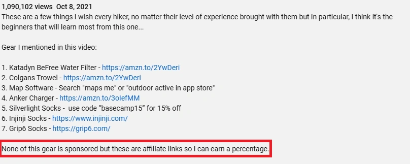 A YouTube description highlighting affiliate status disclosure.
