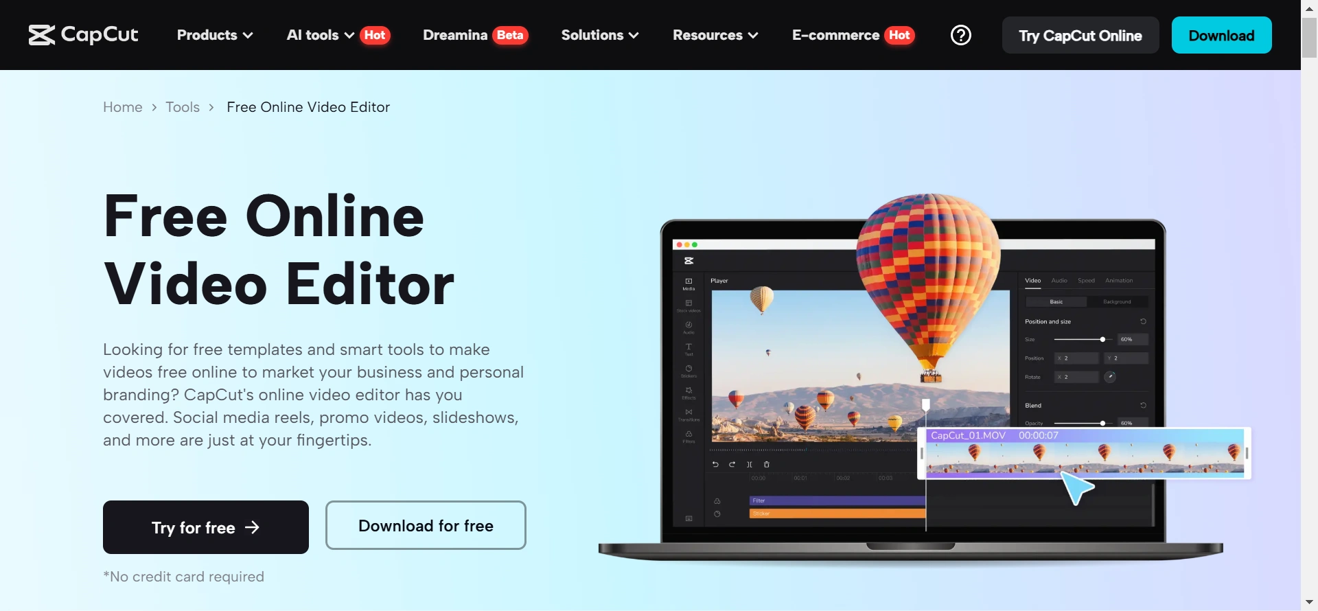 CapCut's webpage.