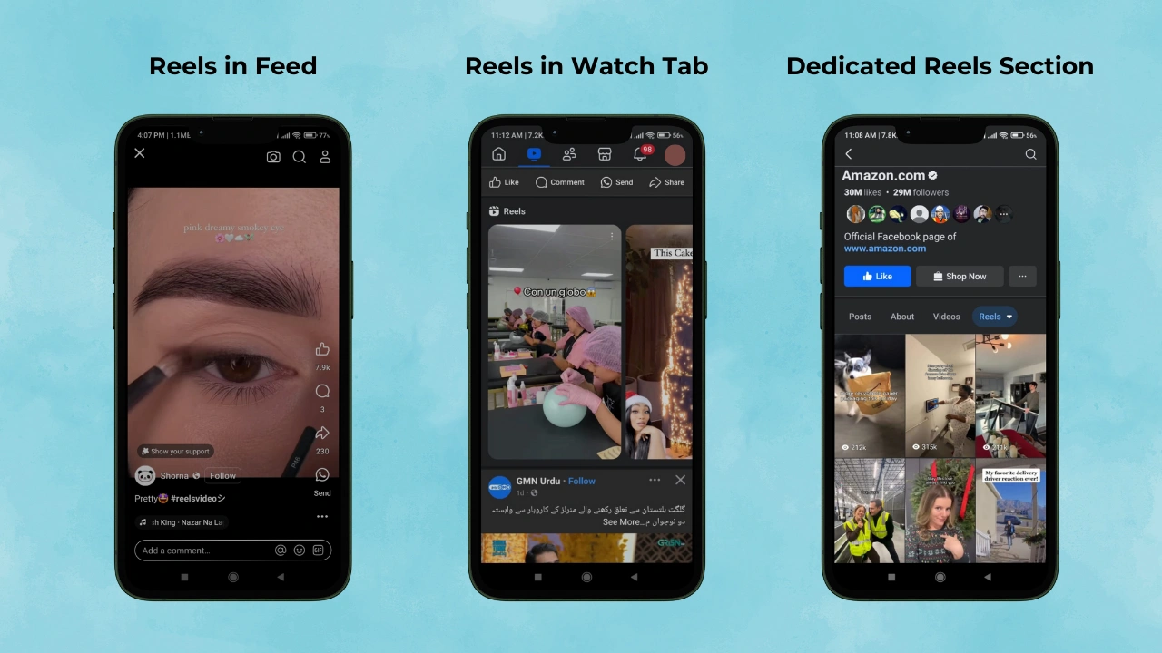 Three smartphones featuring Facebook reels.