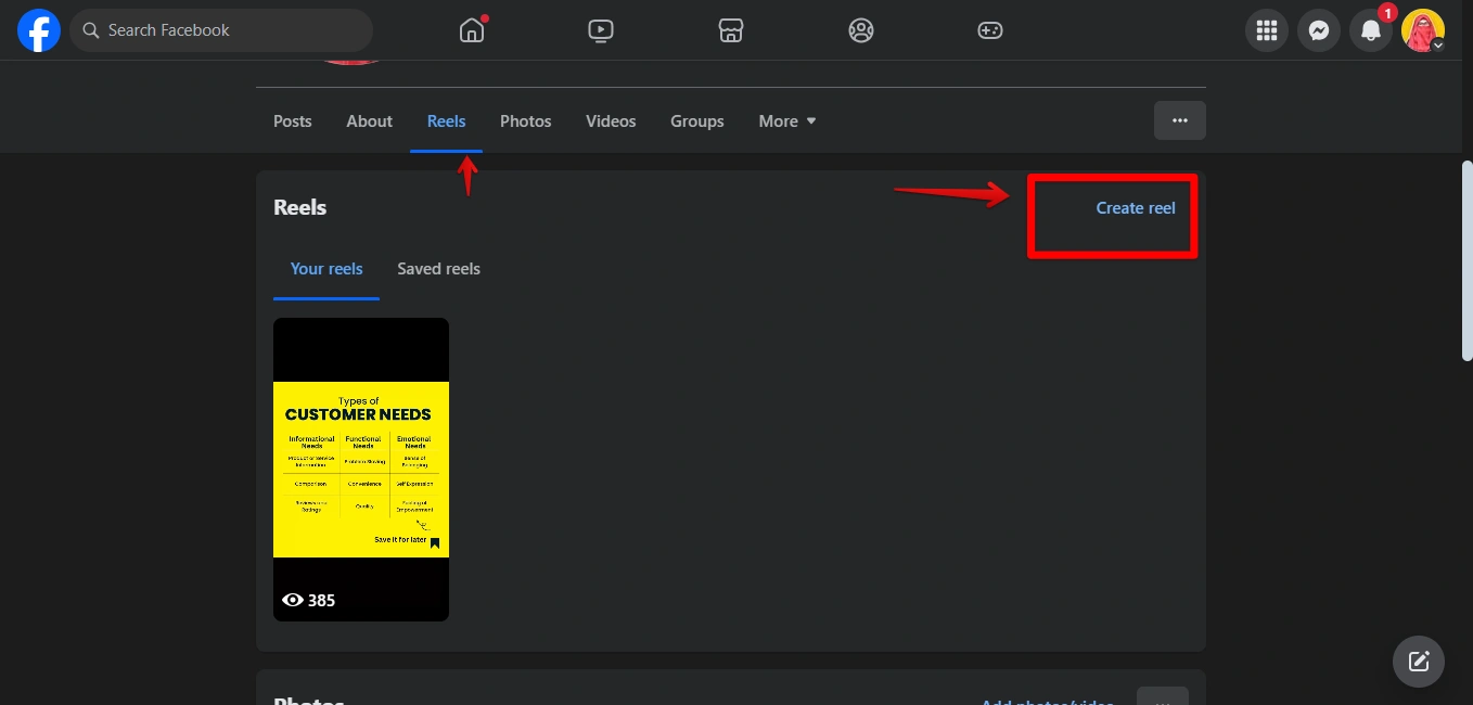 Facebook feature highlighting create reel.