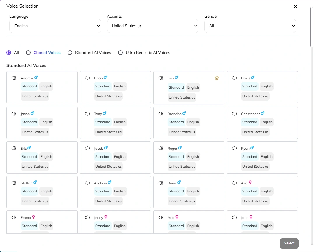 Zebracat's voice selection interface.