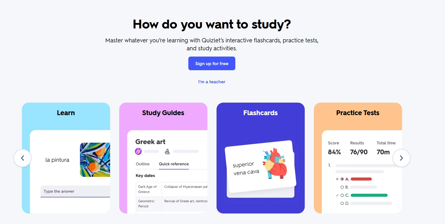 Quizlet's webpage.