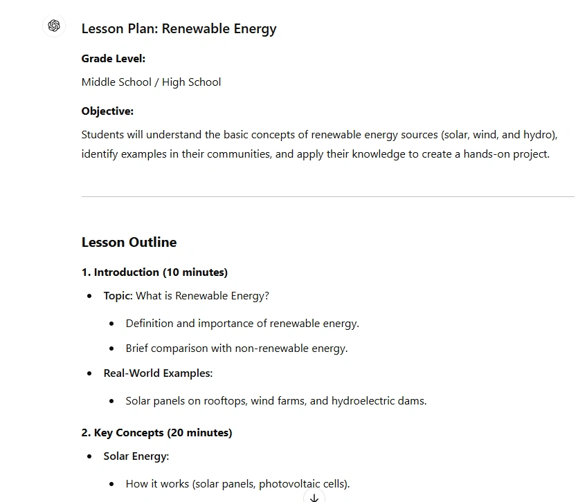 ChatGPT showing lesson plan about renewable energy.