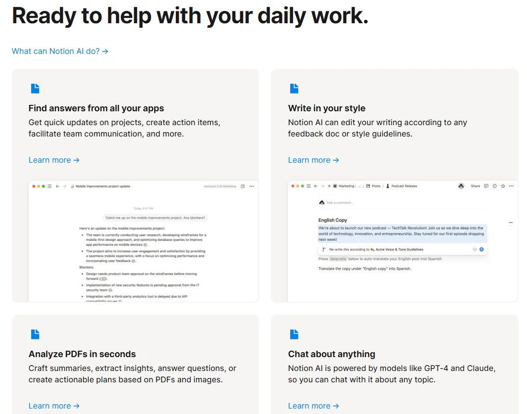 Notion AI's webpage.