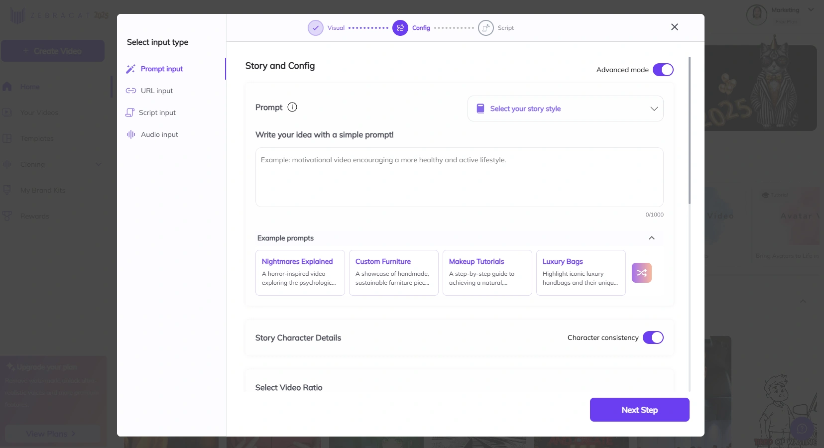 Zebracat's video prompt input interface.